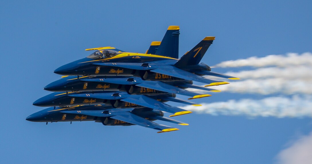 The U.S. Navy Flight Demonstration Squadron, the Blue Angels, perform during the Marine Corps Air Station Beaufort hosts the air show in order to bring the community together and demonstrate U.S. Marine Corps Aviation Combat Element and Marine Air-Ground Task Force capabilities.