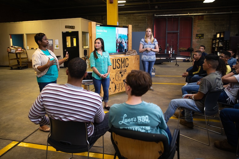 U.S. Marines with Supply Company, 2nd Supply Battalion, 2nd Marine Logistics Group, discuss sexual assault prevention and awareness at Camp Lejeune, North Carolina, April 24, 2019. The Marines wore jeans in recognition of Denim Day, a day commemorated to support survivors of sexual assault and educate others on the misconceptions that surround sexual assault. (U.S. Marine Corps photo by Sgt. Bethanie C. Sahms)