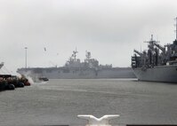 The Wasp-class amphibious assault ship USS Bataan (LHD 5) gets underway