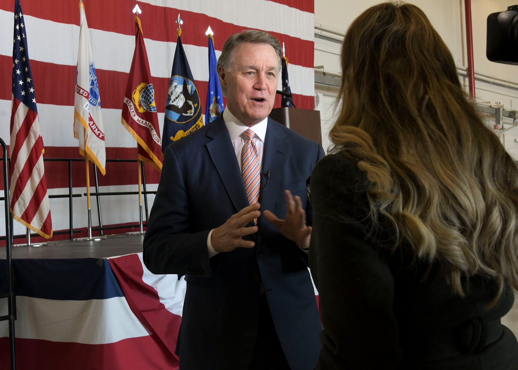 U.S. Sen. David Perdue speaks with a media team about Academy Day at Dobbins Air Reserve Base, Ga. on April 27, 2019. Academy Day is an annual event hosted at Dobbins that allows students to interact with congressional and U.S. service academy representatives. (U.S. Air Force photo by Tech. Sgt.  Miles Wilson)