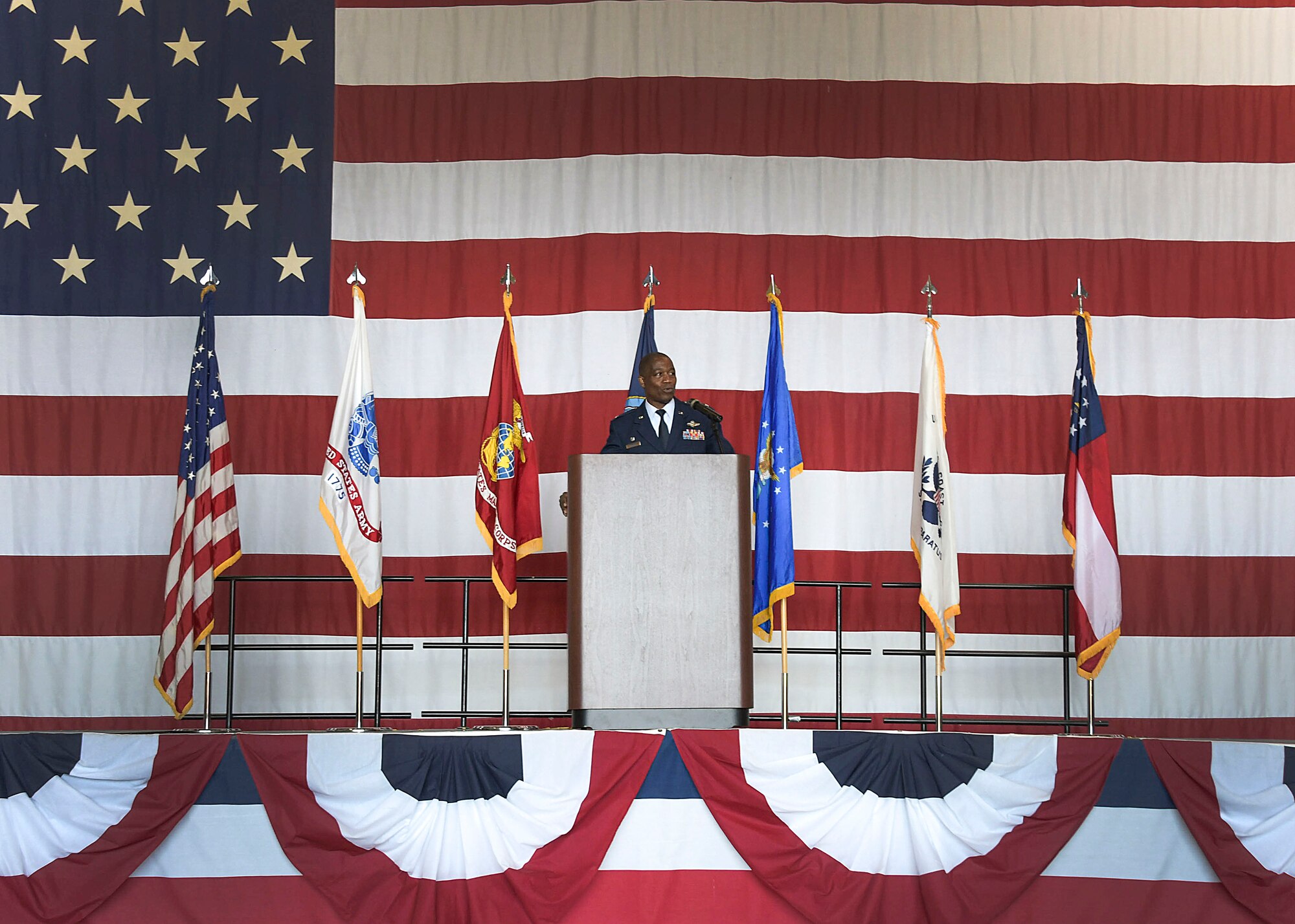 Col. Patrick Campbell, 94th Operations Group commander, welcomes nearly one thousand students and parents to Academy Day at Dobbins Air Reserve Base, Ga. on April 27, 2019. Academy Day is an annual event hosted at Dobbins that allows students to interact with congressional and U.S. Service Academy representatives. (U.S. Air Force photo by Tech. Sgt.  Miles Wilson)