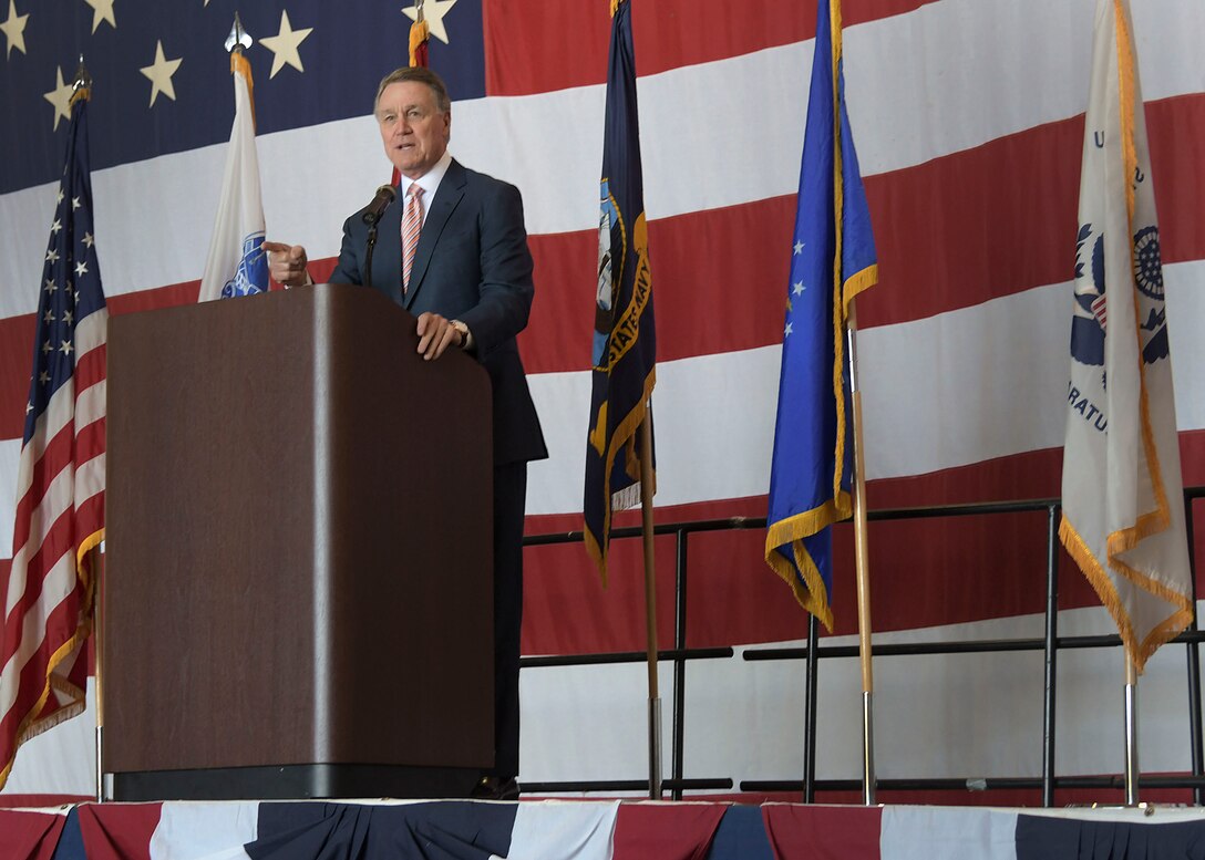 U.S. Sen. David Perdue speaks to students and parents about the importance of the U.S. military, and the U.S. service academies during Academy Day at Dobbins Air Reserve Base, Ga. on April 27, 2019. Academy Day is an annual event hosted at Dobbins that allows students to interact with congressional and U.S. service academy representatives. (U.S. Air Force photo by Tech. Sgt.  Miles Wilson)