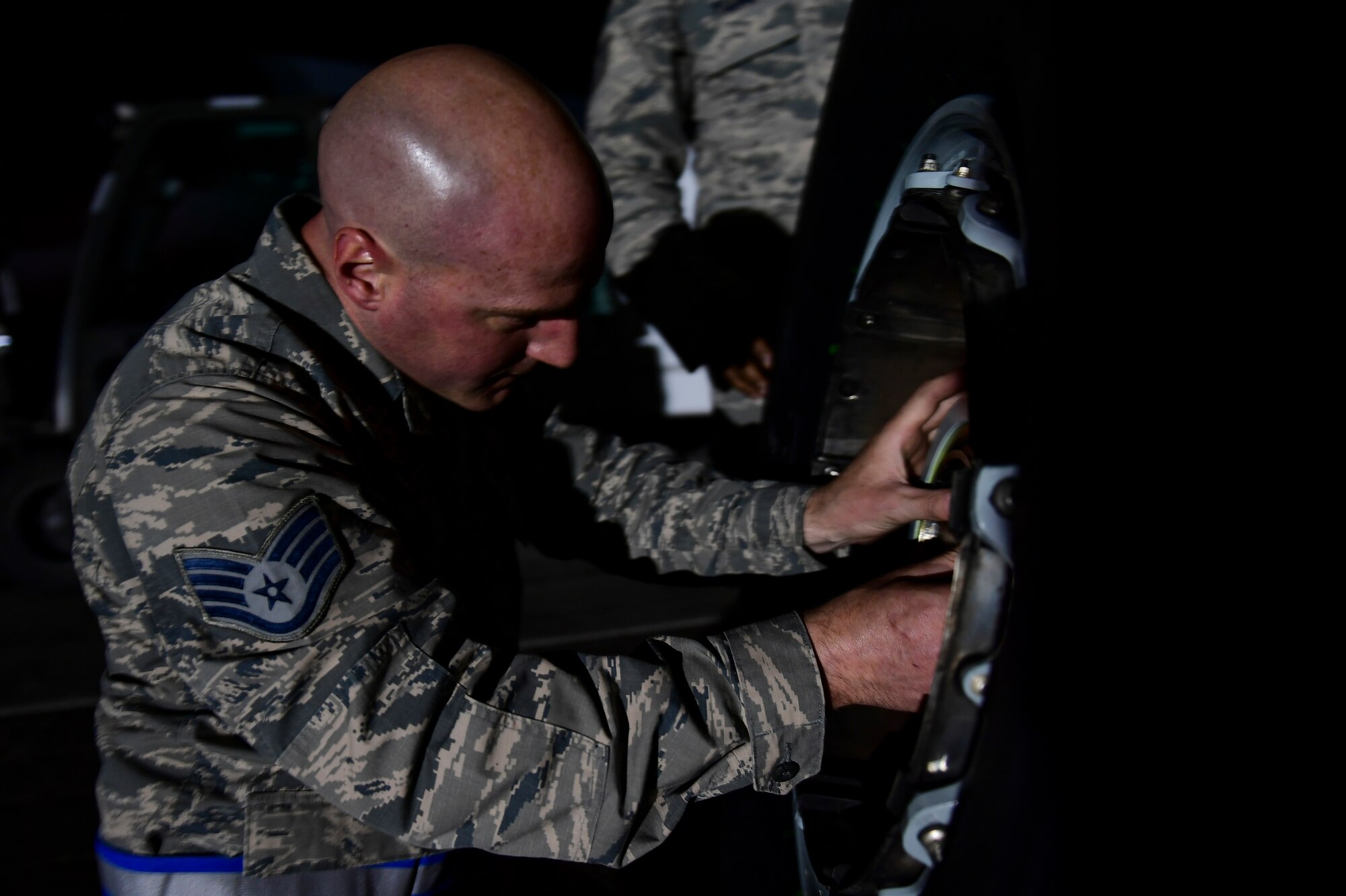 Staff Sgt. David Barbieri, crew chief with the 911th Aircraft Maintenance Squadron, prepares a tire to be mounted on a C-17 Globemaster III during a thru-flight inspection at the Pittsburgh International Airport Air Reserve Station, Pennsylvania, April 16, 2019.