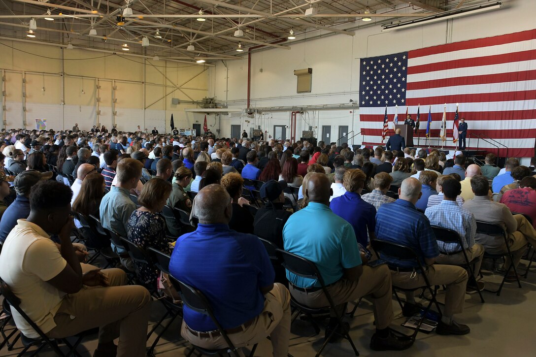 Nearly one thousand students and parents listen as U.S. service academy representatives and students talk about life attending a service academy at Dobbins Air Reserve Base, Ga. on April 27, 2019. Academy Day is an annual event hosted at Dobbins that allows students to interact with congressional and U.S. service academy representatives. (U.S. Air Force photo by Tech. Sgt.  Miles Wilson)
