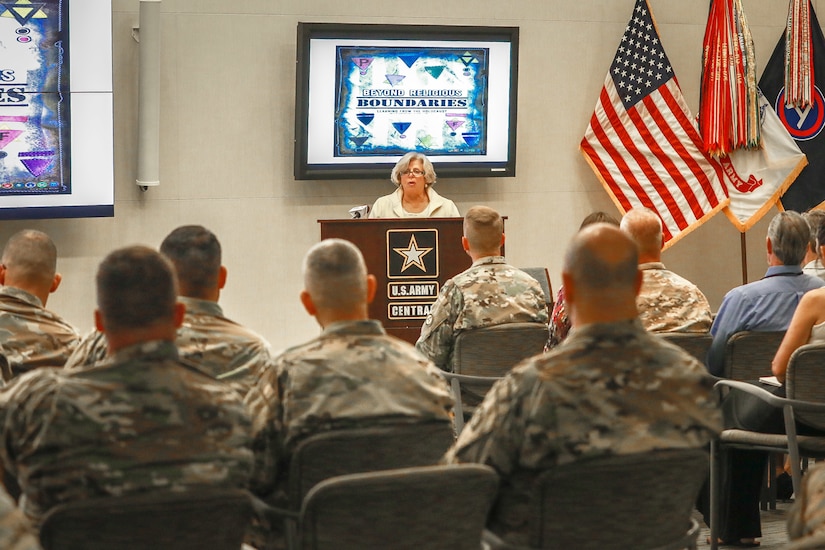 Dr. Lilly Stern Filler, chair of the South Carolina Council on the Holocaust and the ceremony guest speaker, addresses the audience during the Days of Remembrance observance ceremony at USARCENT headquarters on Shaw Air Force Base, S.C., April 24, 2019. Congress established the Days of Remembrance as the nation’s annual commemoration of the Holocaust.