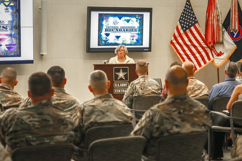 Dr. Lilly Stern Filler, chair of the South Carolina Council on the Holocaust and the ceremony guest speaker, addresses the audience during the Days of Remembrance observance ceremony at USARCENT headquarters on Shaw Air Force Base, S.C., April 24, 2019. Congress established the Days of Remembrance as the nation’s annual commemoration of the Holocaust.