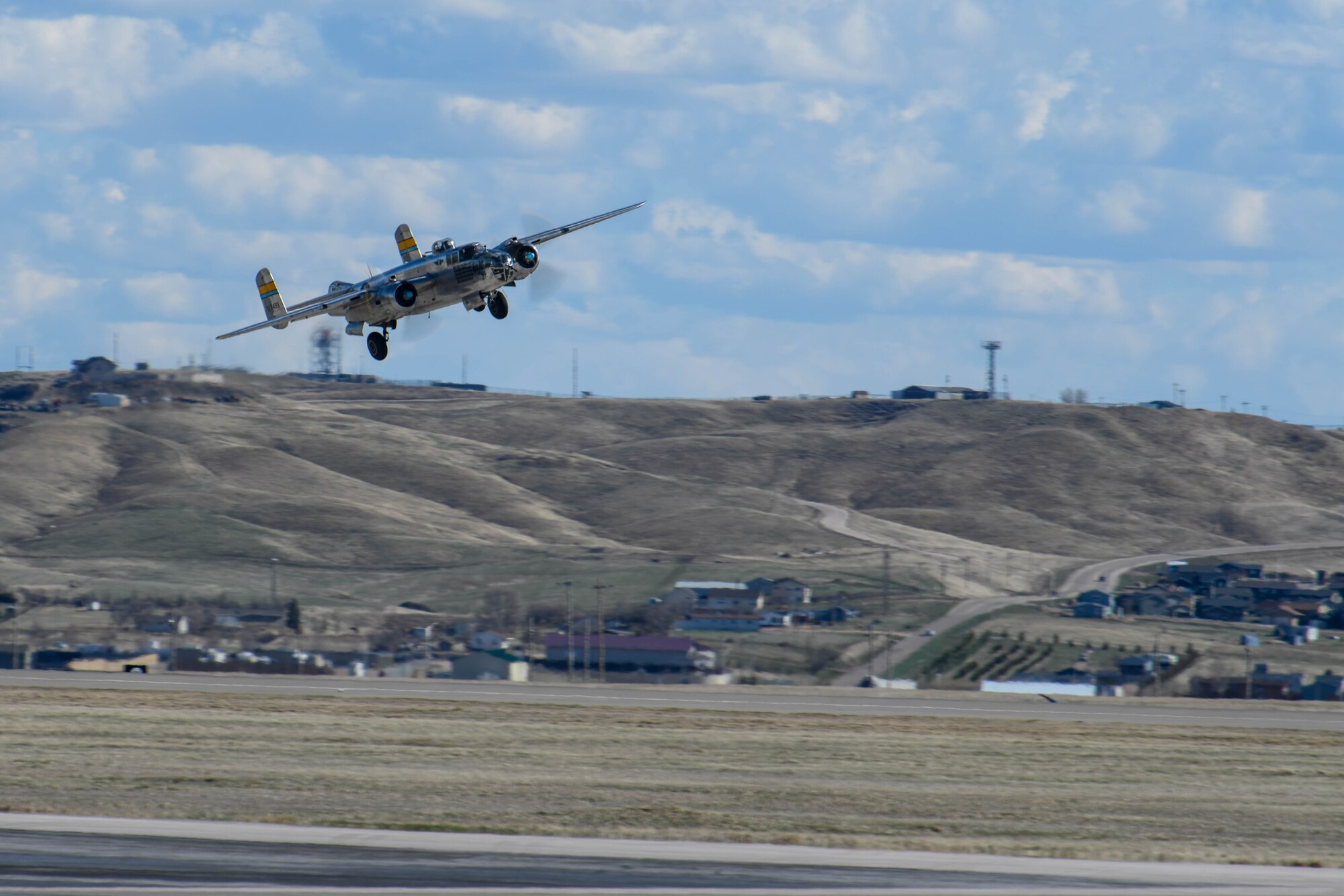 A B-25 Mitchell takes off from the flight line at Ellsworth Air Force Base, S.D., April 18, 2019. The B-25 was flown April 18, 1942, during the Doolittle Raid – a World War II operation to bomb Japan. The mission was the United States’ response to the attack on Pearl Harbor in Honolulu on Dec. 7, 1941. (U.S. Air Force photo by Airman 1st Class Thomas Karol)