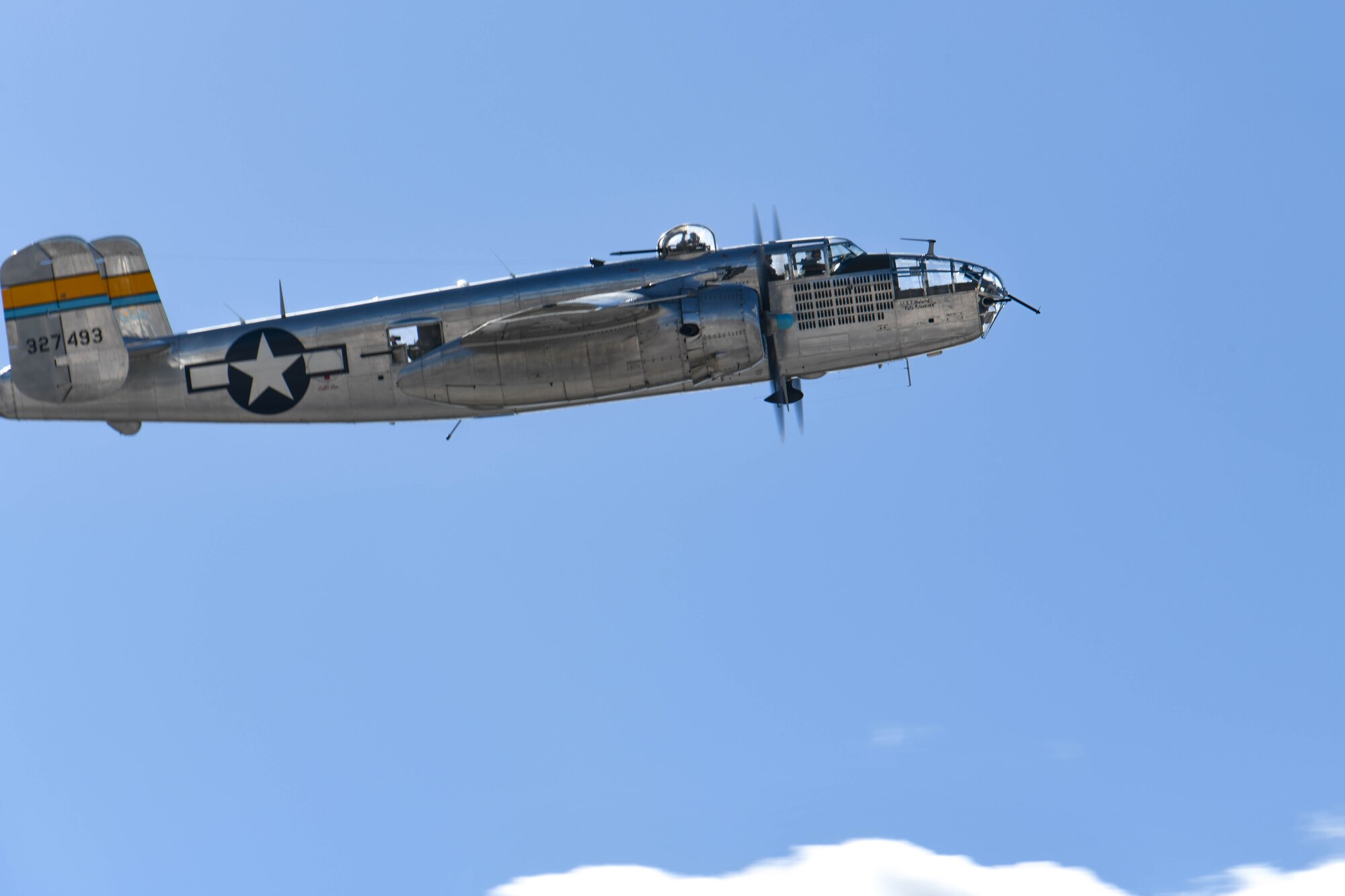 A B-25 Mitchell takes off from the flight line at Ellsworth Air Force Base, S.D., April 18, 2019. The B-25 was flown April 18, 1942, during the Doolittle Raid – a World War II operation to bomb Japan. The mission was the United States’ response to the attack on Pearl Harbor in Honolulu on Dec. 7, 1941. (U.S. Air Force photo by Airman 1st Class Thomas Karol)