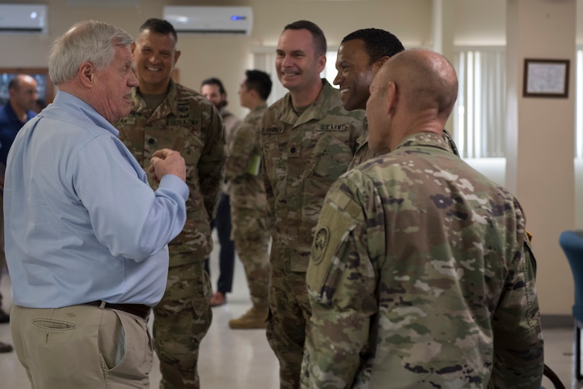 U.S. Rep. Collin Peterson, House Agriculture Committee chairman, speaks with Joint Task Force - Bravo leadership during a region visit, April 27, 2019, at Soto Cano Air Base, Honduras. The delegates visited U.S. allies in Central and South America to update members of congress on the regional stability and preserve relationships in the area. (U.S. Air Force photo by Staff Sgt. Eric Summers Jr.)