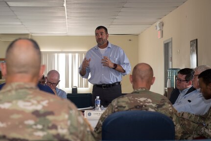 Fernando Cossich, U.S. Agency for International Development director at the U.S. Embassy in Honduras, explains the impact USAID to the country to congressional delegates touring the region, April 27, 2019, at Soto Cano Air Base, Honduras. The delegates visited U.S. allies in Central and South America to update members of congress on the regional stability and preserve relationships in the area. (U.S. Air Force photo by Staff Sgt. Eric Summers Jr.)