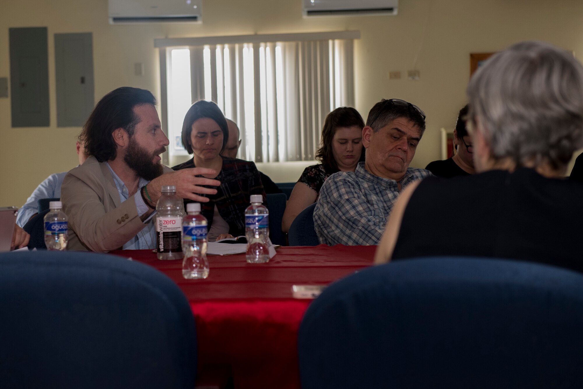 Adam Michelow, U.S. Embassy at Honduras economic counselor, discuss the financial state of Honduras with U.S. congressional delegates, April, 29, 2019, at Soto Cano Air Base, Honduras.  The delegates visited U.S. allies in Central and South America to update members of congress on the regional stability and preserve relationships in the area. (U.S. Air Force photo by Staff Sgt. Eric Summers Jr.)