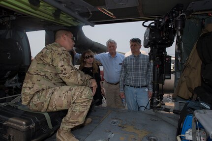 U.S. Army Staff Sgt. Gilbert Venzor, 1st Battalion 228th Aviation Regiment medic, explains the layout and operations of a UH-60 Black Hawk to U.S. congressional delegate members, April 27, 2019, at Soto Cano Air Base, Honduras. The delegates visited U.S. allies in Central and South America to update members of congress on the regional stability and preserve relationships in the area. (U.S. Air Force photo by Staff Sgt. Eric Summers Jr.)