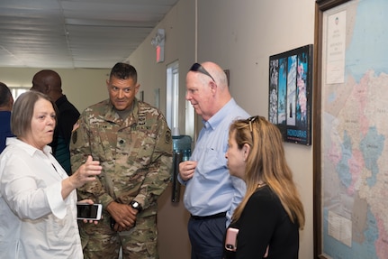 U.S. Army Lt. Col. Rafael Duran (center left), Joint Task Force - Bravo joint operations director, explains the geographic area of Honduras to congressional delegation members and their spouses during a region visit April 27, 2019, at Soto Cano Air Base, Honduras. The delegates visited U.S. allies in Central and South America to update members of congress on the regional stability and preserve relationships in the area. (U.S. Air Force photo by Staff Sgt. Eric Summers Jr.)