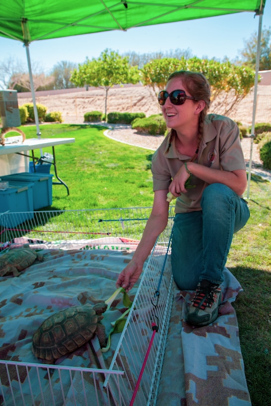 Mary Lane Poe, biologist, Environmental Affairs, Marine Corps Air Ground Combat Center (MCAGCC), Twentynine Palms, Calif., presents a desert tortoise to guests during an Earth Day celebration at the home of Marine Air Ground Task Force Training Command / MCAGCC Commanding General Brig. Gen. Roger Turner, April 24, 2019. The event was part of MCAGCC’s annual observance of Earth Day which includes multiple events aimed at fostering awareness of environmental conservation on and around the Marine Corps’ largest training installation. (U.S. Marine Corps photo by Cpl. Dallas Johnson)