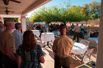 Guests listen to comments from U.S. Marine Corps Brig. Gen. Roger Turner, commanding general, Marine Air Ground Task Force Training Center (MAGTFTC), Marine Corps Air Ground Combat Center (MCAGCC), Twentynine Palms, Calif., during an Earth Day celebration at he and his wife, Carol Turner’s home, April 24, 2019. The event was part of MCAGCC’s annual observance of Earth Day which includes multiple events aimed at fostering awareness of environmental conservation on and around the Marine Corp’s largest training installation. (U.S. Marine Corps photo by Cpl. Dallas Johnson)