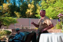 U.S. Marine Corps Brig. Gen. Roger Turner, commanding general, Marine Air Ground Task Force Training Command, Marine Corps Air Ground Combat Center (MCAGCC), Twentynine Palms, Calif., discusses conservation initiatives during an Earth Day celebration at he and his wife, Carol Turner’s home, April 24, 2019. The event was part of MCAGCC’s annual observance of Earth Day which includes multiple events aimed at fostering awareness of environmental conservation on and around the Marine Corp’s largest training installation. (U.S. Marine Corps photo by Cpl. Dallas Johnson)