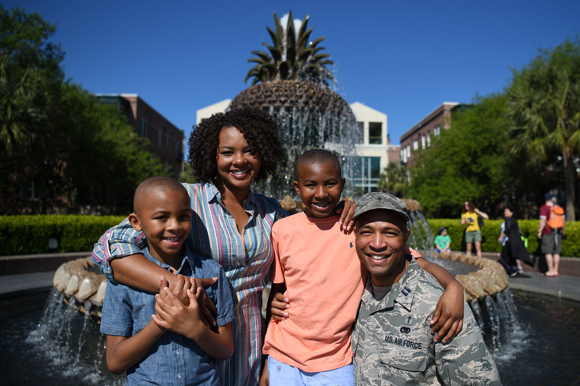 Capt. Thomas Simmons, 628th Air Base Wing chaplain, poses with his wife Vernessa and their sons, Victor and Solomon, Apr. 23, 2019, in downtown Charleston, S.C. As an Air Force chaplain, Simmons provides advice to wing leaders and helps them ensure Airmen and their families are spiritually fit. He said his service and quality of life are only possible through the support and sacrifices of his family. “My grandfather said, ‘You can’t give what you don’t have,’” he said. “So it is important for me to sustain my first ministry, which is my family.”
