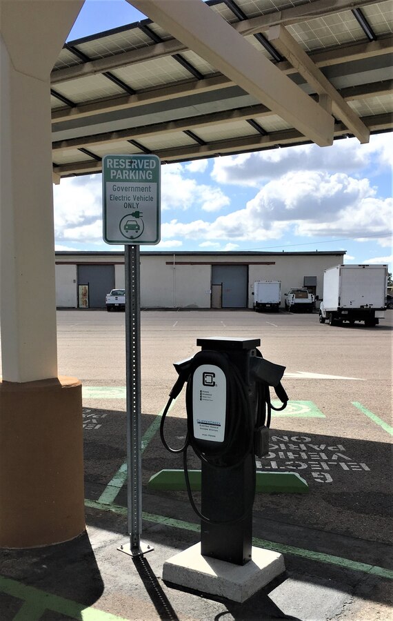 Shown are electric vehicle charging stations at Marine Corps Air Station Miramar, California, March 22, 2019.  Electric vehicle charging stations were integral to the selection of Marine Corps Air Station Miramar as the winner of the 2019 Secretary of Defense Environmental Award for Sustainability on a Non-Industrial Installation. (U.S. Marine Corps Photo by Mr. Curtis Hill)