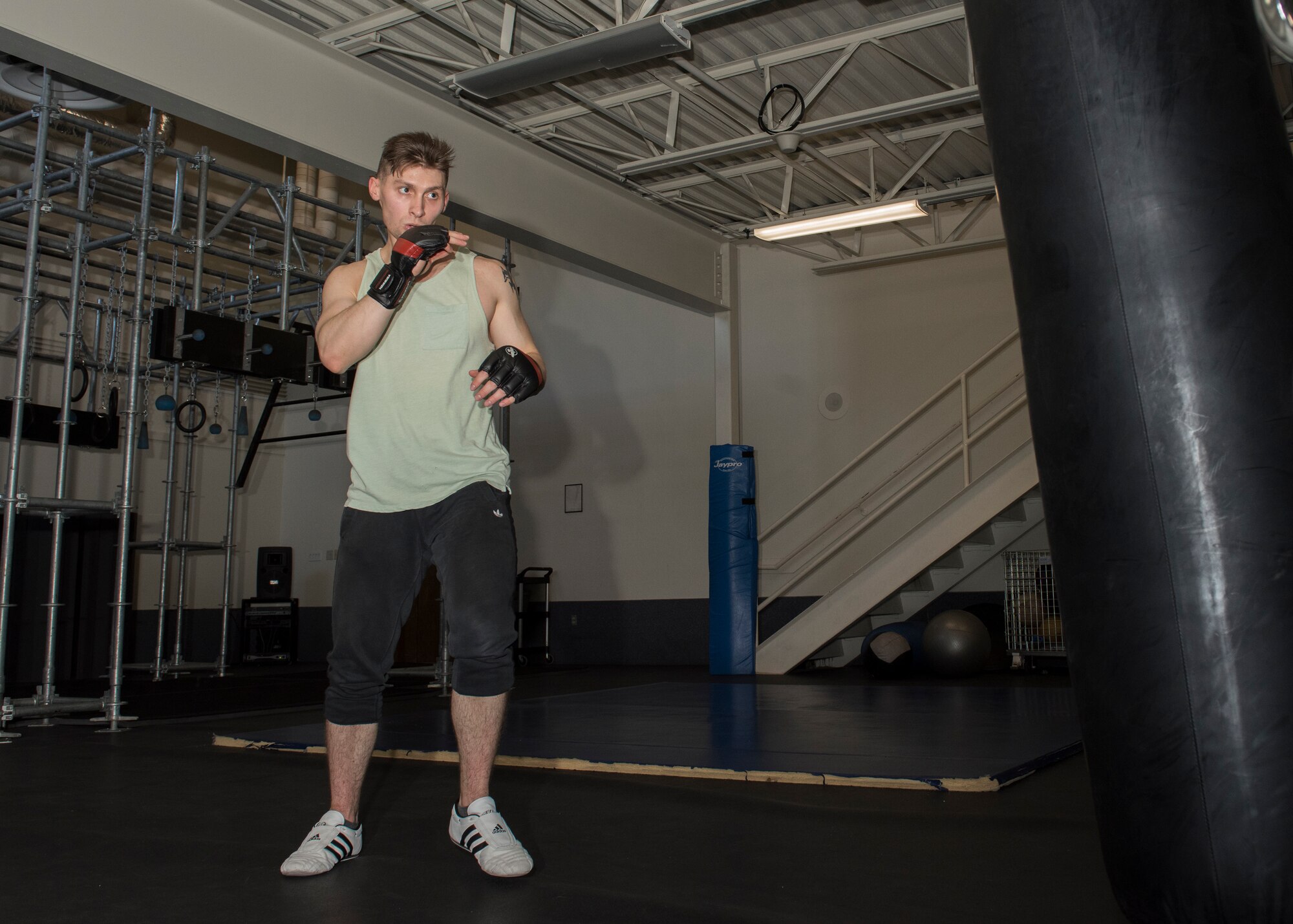 Senior Airman Tyler Flood, 366 CS, practices martial arts, March 4, 2019. Flood uses his training to keep himself mentally focused and in shape. (U.S. Air Force photo by Senior Airman Tyrell Hall)