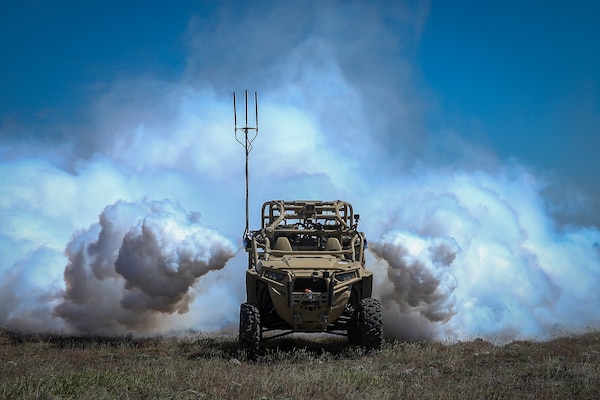 Screening Obscuration Module attached to Utility Task Vehicle activates autonomously during Robotic Complex Breach Concept on Yakima Training Center, Yakima, Washington, April 26, 2019 (U.S. Marine Corps/Nathaniel Q. Hamilton)