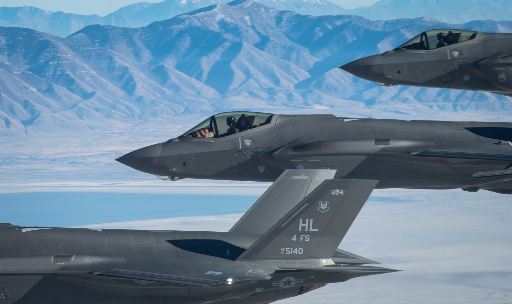 A formation of F-35 Lightning IIs from the 388th and 419th Fighter Wings stationed at Hill Air Force Base perform aerial maneuvers during a combat exercise over Utah Test and Training Range, Nov. 19, 2018. (U.S. Air Force photo by Staff Sgt. Cory D. Payne)