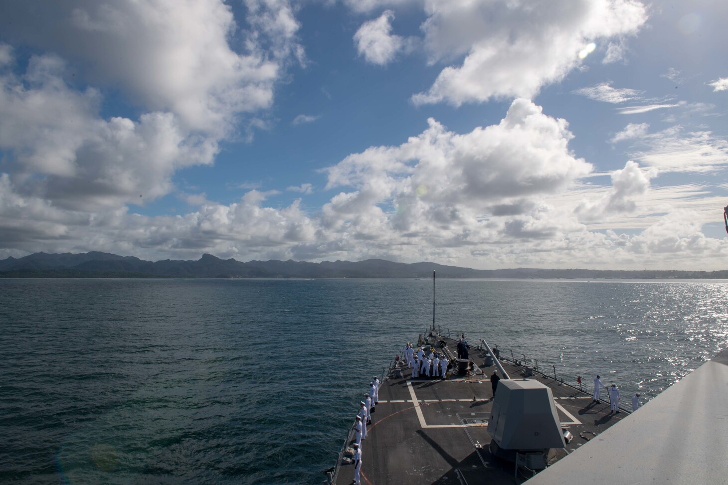 U.S. Navy Sailors assigned to the guided-missile destroyer USS Stockdale (DDG 106), man the rails as the Stockdale pulls into Suva, Fiji, for a port visit, April 30, 2019. The Stockdale is deployed to the U.S. 7th Fleet are of operations in support of security and stability in the Indo-Pacific region.