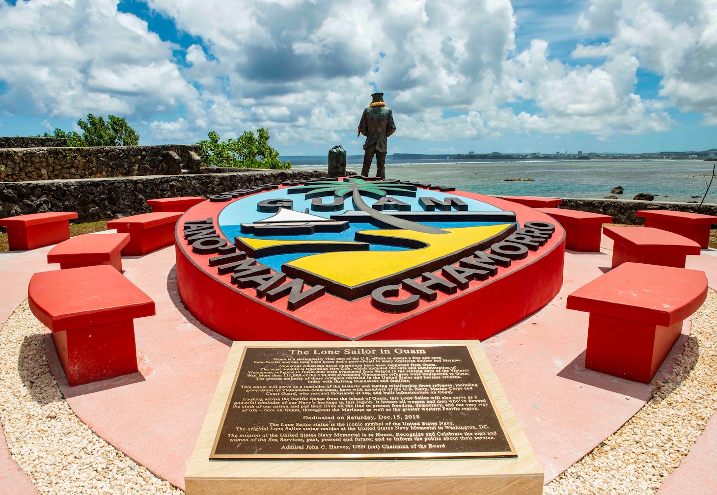 HAGÅTÑA, Guam (April 30, 2019) – The Lone Sailor statue stands watch at the Ricardo J. Bordallo Governor's Complex in Hagåtña April 30. Local and military officials, and members of the Vietnamese-American community,attended the event at Lone Sailor statue, a symbol of the significant relationship between the Navy, the sea services, Guam, and the thousands of Vietnamese citizens who found refuge on the island during Operation New Life in the ending days of the Vietnam War.