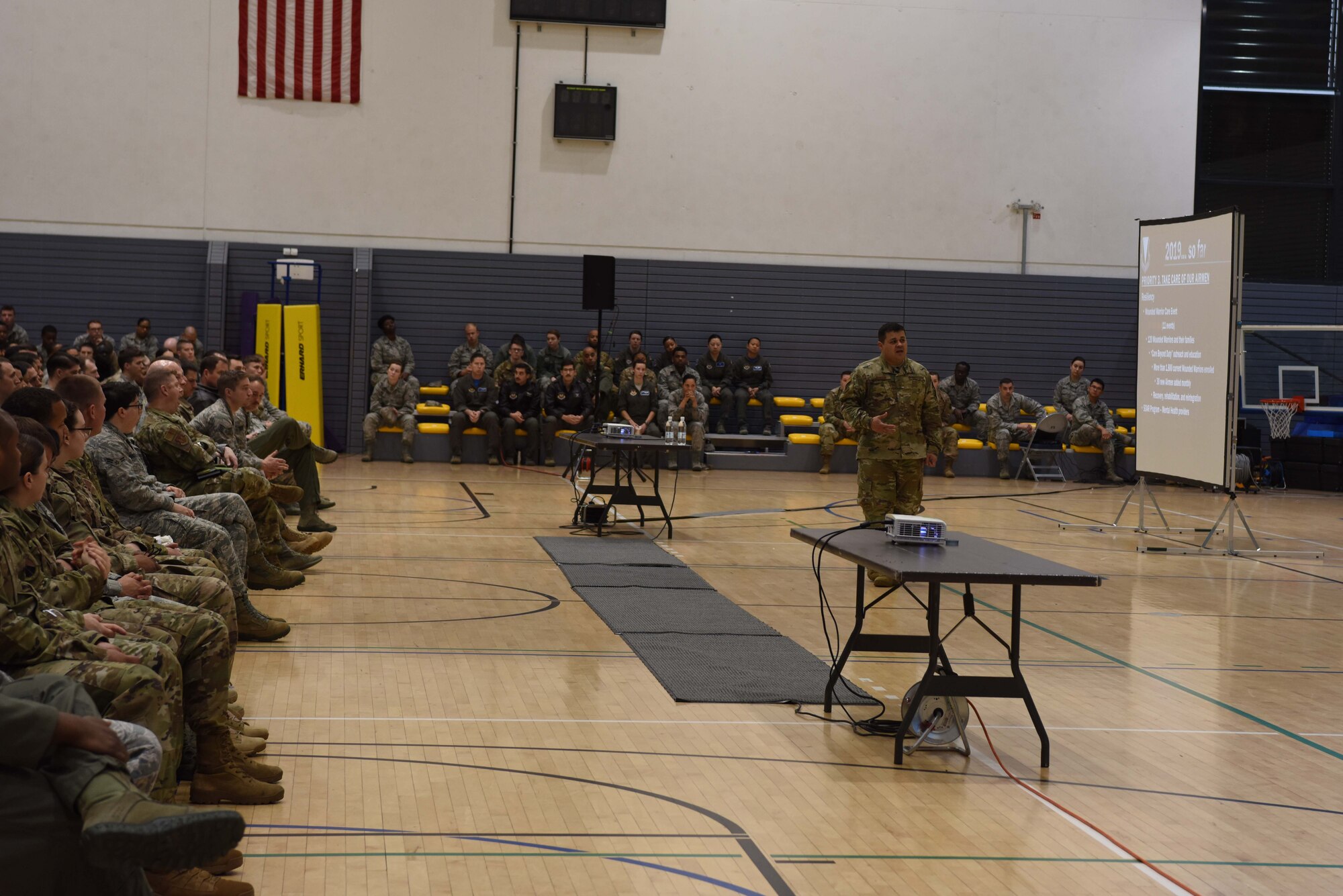 U.S. Air Force Chief Master Sgt. Ernesto Rendon, 86th Airlift Wing command chief, speaks to a group of Airmen at an all call on Ramstein Air Base, Germany, April, 26, 2019. Rendon highlighted several changes to the base that are being considered, such as having base-wide wifi, and 24/7 access to the Southside gym.