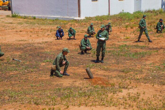 Members of the Moroccan Royal Armed Forces train alongside U.S. Marines with Special Purpose Marine Air-Ground Task Force-Crisis Response-Africa 19.2, Marine Forces Europe and Africa, during Humanitarian Mine Action training at Unite de Secours et Sauvetage’s Base, Kenitra, Morocco, April 25, 2019. The training shows how to identify and properly dispose of explosive ordnance. SPMAGTF-CR-AF is deployed to conduct crisis-response and theater-security operations in Africa and promote regional stability by conducting military-to-military training exercises throughout Europe and Africa. (U.S. Marine Corps photo by Capt. Clay Groover)
