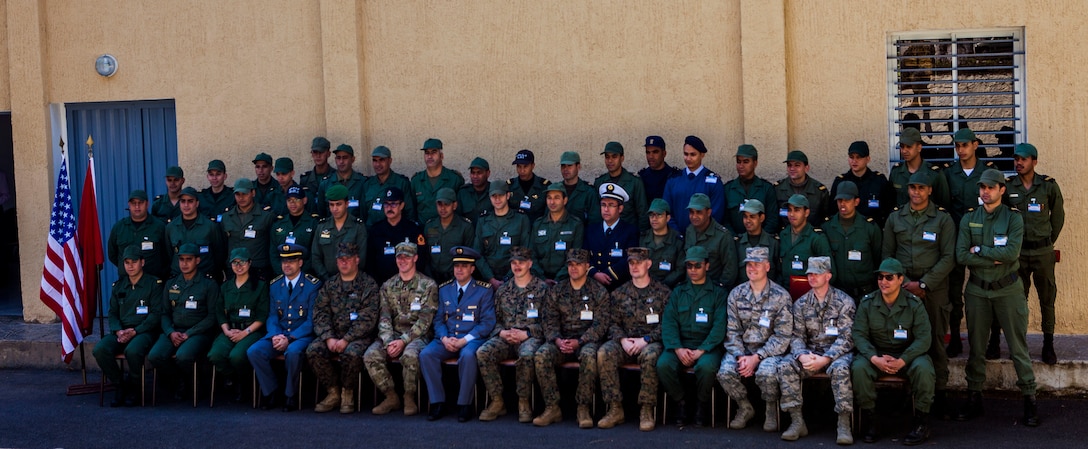 Members of the Moroccan Royal Armed Forces train alongside U.S. Marines with Special Purpose Marine Air-Ground Task Force-Crisis Response-Africa 19.2, Marine Forces Europe and Africa, during Humanitarian Mine Action training at Unite de Secours et Sauvetage’s Base, Kenitra, Morocco, April 25, 2019. The training shows how to identify and properly dispose of explosive ordnance. SPMAGTF-CR-AF is deployed to conduct crisis-response and theater-security operations in Africa and promote regional stability by conducting military-to-military training exercises throughout Europe and Africa. (U.S. Marine Corps photo by Capt. Clay Groover)
