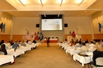 Keynote speaker Gary Shute, a former DLA Troop Support Clothing and Textiles supplier operations director, center, speaks to attendees of the DLA Troop Support Leadership Academy April 23, 2019 in Philadelphia.