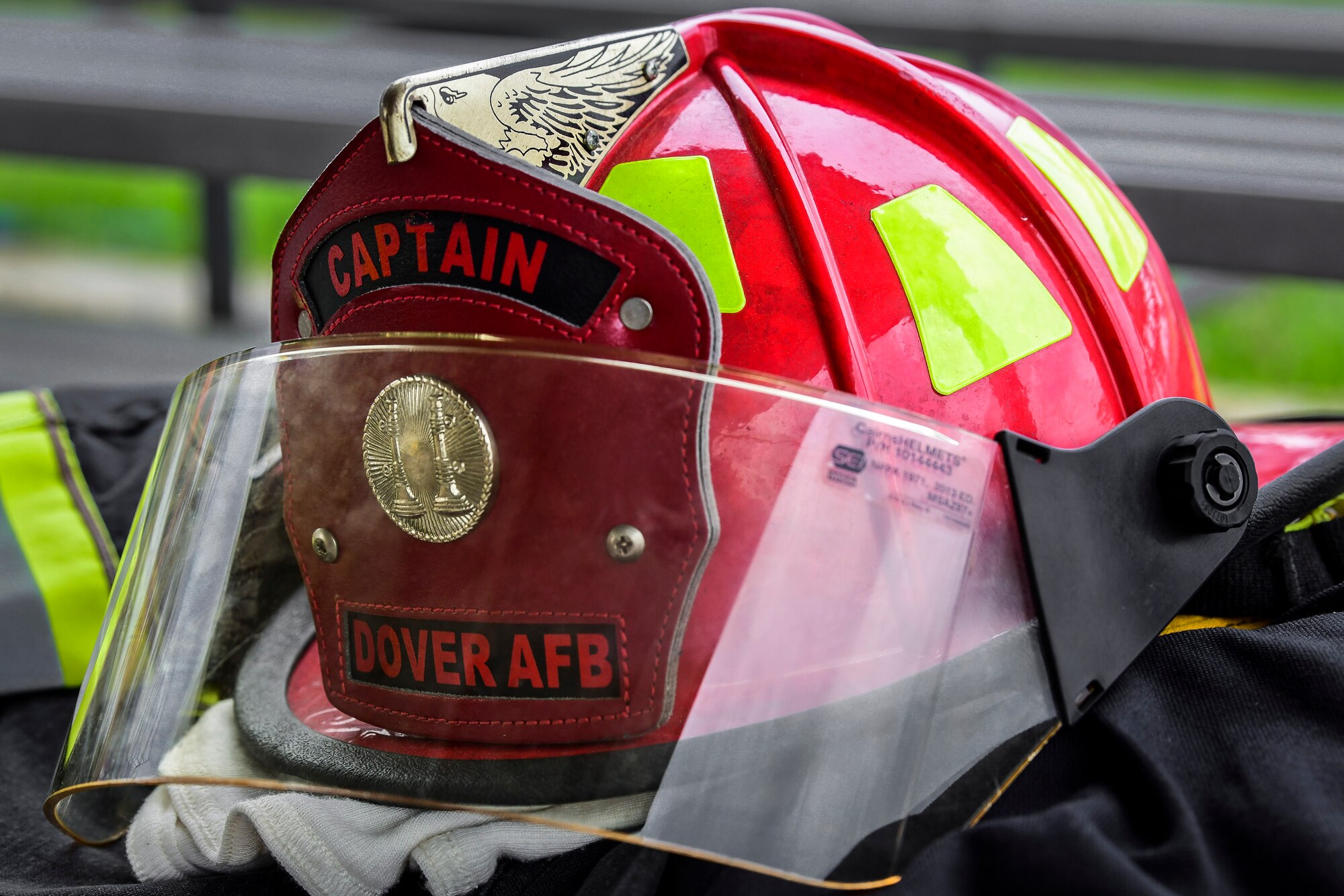 436th Civil Engineer Squadron firefighting gear waits on a bench April 26, 2019, at Dover Air Force Base, Del. The 436th CES firefighters prepare for live-fire training to ensure they are always ready for a real-world emergency that could happen at a moment’s notice. (U.S. Air Force photo by Senior Airman Christopher Quail)