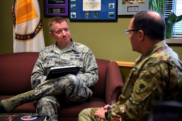 Michigan Air National Guard Col. Rolf E. Mammen discusses the future of the 127th Wing and Selfridge Air National Guard base with Maj. Gen. Paul Rogers, Adjutant General and Director of the Department of Military and Veterans Affairs on April 29, 2019, at Joint Force Headquarters in Lansing, Michigan.