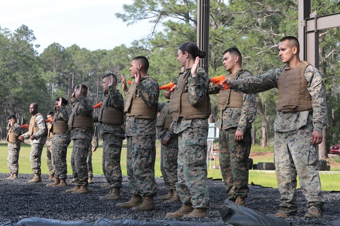 For three straight weeks, several Marines aboard Marine Corps Logistics Base Albany put their combat fighting skills to the test to secure the highest belt level in the U.S. Marine Corps Martial Arts Program. Out of 21 Marines who signed up for the gut-wrenching MCMAP training, 15 graduated with advanced belts, April 29. (U.S. Marine Corps photo by Re-Essa Buckels)