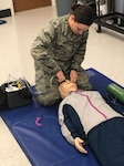 Airman Grace Dawson practices inserting a breathing tube during training in the Aerospace Medical Service Apprentice program at the Medical Education and Training Campus. Dawson, a student in the Medical Education and Training Campus Aerospace Medical Service Apprentice, or AMSA, program at Joint Base San Antonio-Fort Sam Houston, applied her new medical skills in a real scenario when a fellow Airman suffered a medical emergency March 21.