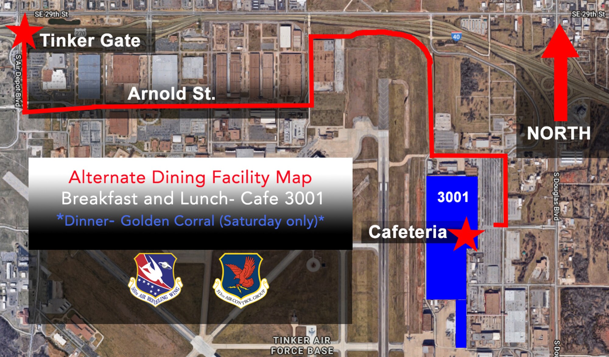 Reservists at Tinker Air Force Base, Oklahoma, will dine at Cafe 3001 for breakfast and lunch, and at Golden Corral for dinner on Saturdays until the reopening of the Vanwey Dining Facility. (U.S. Air Force image by Lauren Gleason)