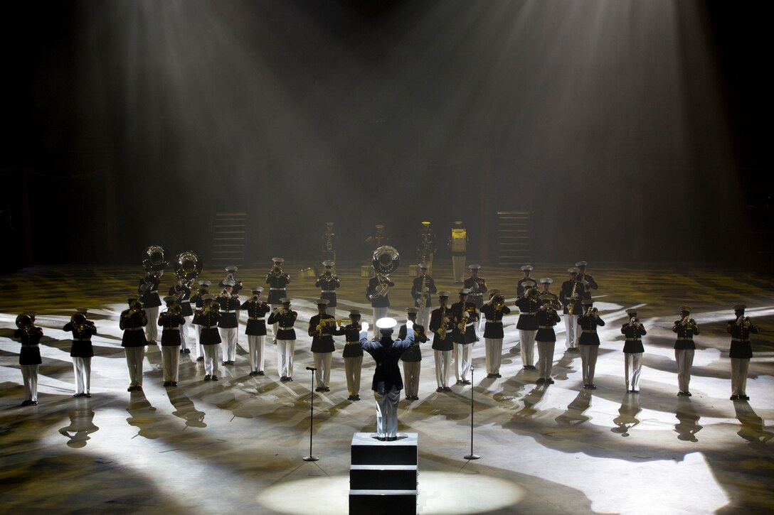 The Quantico Marine Corps Band performs during 2019 Virginia International Tattoo at the Norfolk Scope in Norfolk, Virginia,  April 26, 2019. This year’s festival was dedicated to women in the military. The festival provided vast cultural traditions to its audience, and brings performers from around the world together to celebrate their partnership. (U.S. Marine Corps photo by Cpl. Danielle Prentice/ Released)
