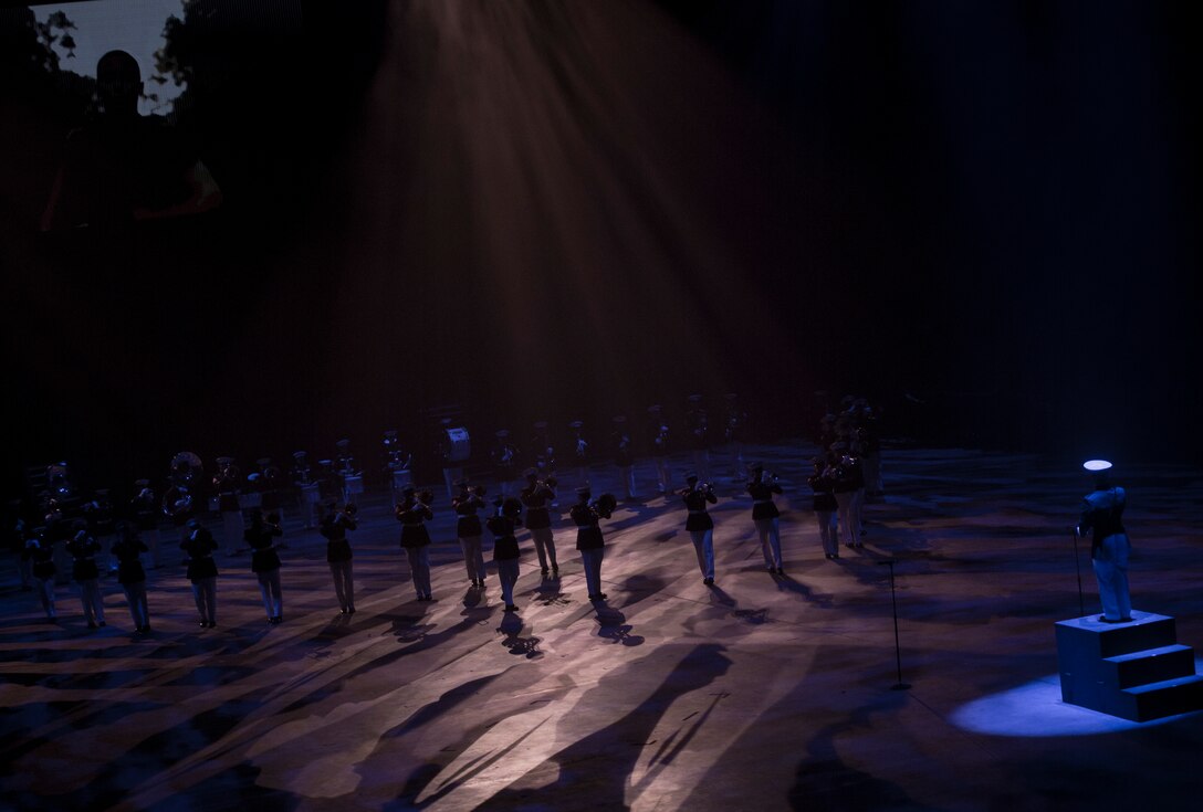 The Quantico Marine Corps Band performs during 2019 Virginia International Tattoo at the Norfolk Scope in Norfolk, Virginia, April 26, 2019. This year’s festival was dedicated to women in the military. The festival provided vast cultural traditions to its audience, and brings performers from around the world together to celebrate their partnership. (U.S. Marine Corps photo by Cpl. Danielle Prentice/ Released)