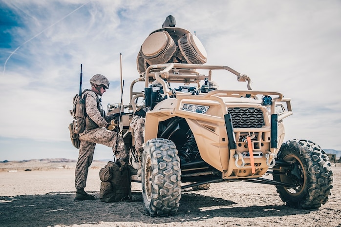 A Marine with 11th Marine Expeditionary Unit programs a counter-unmanned aircraft system on a Light Marine Air Defense Integrated System during a predeployment training exercise at Marine Corps Air Ground Combat Center, Twentynine Palms, California, Nov. 13, 2018. The LMADIS and other innovations will be on display during the 54th annual Sea-Air-Space Exposition, held May 6–8 at the Gaylord Convention Center in National Harbor, Maryland. (U.S. Marine Corps photo by Lance Cpl. Dalton S. Swanbeck)