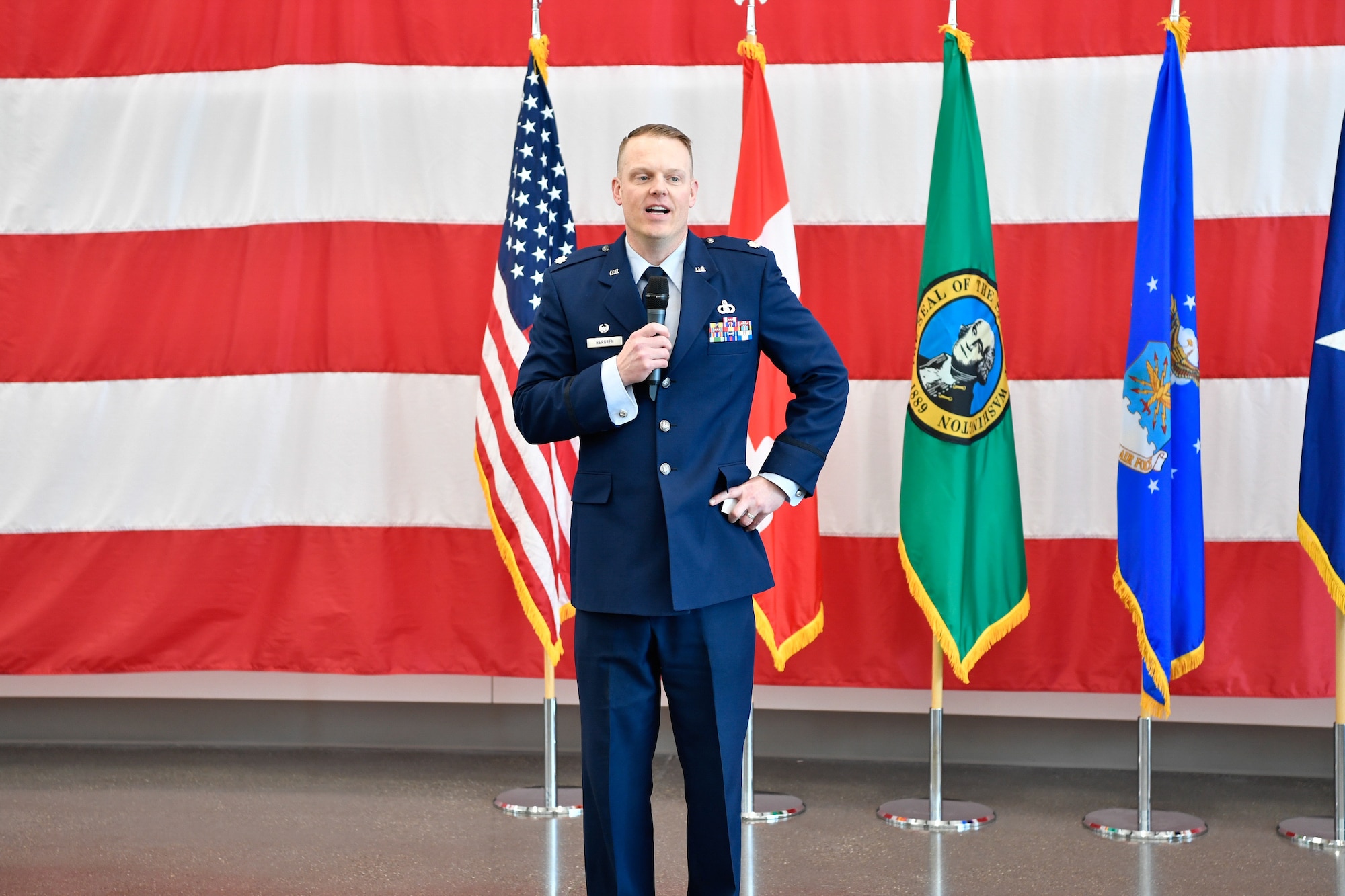 Lt. Col. Brian Bergren address the 225th Air Defense Squadron after assuming command from Col. Brett Bosselmann at the Pierce County Readiness Center, Camp Murray, Washington, April 10, 2019.