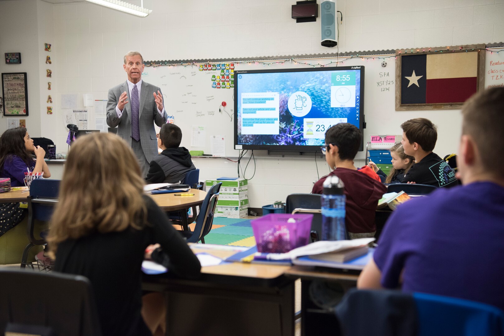 Frank Brogan, Department of Education assistant secretary for elementary and secondary education, visits with students from Lackland Independent School District April 12, 2019, at Joint Base San Antonio-Lackland, Texas.