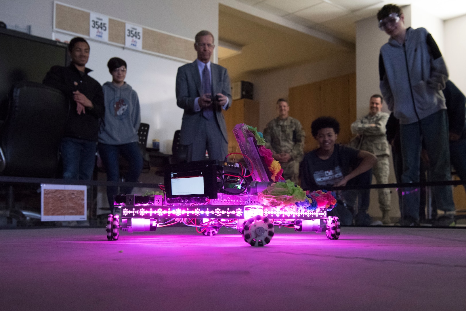 Frank Brogan, Department of Education assistant secretary for elementary and secondary education, visits Lackland Independent School District’s Bots in Blue and drives one of their robots April 12, 2019, at Joint Base San Antonio-Lackland, Texas.