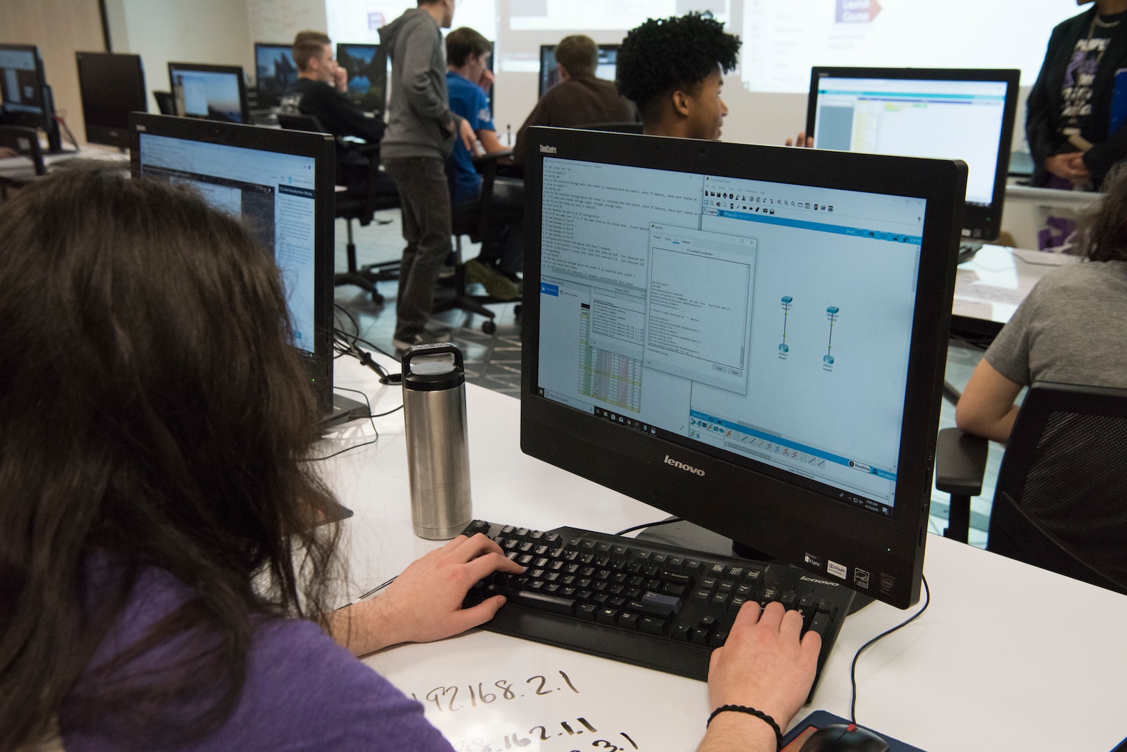 A members of Lackland Independent School District’s CyberPatriots team works on a programing project April 12, 2019, at Joint Base San Antonio-Lackland, Texas.