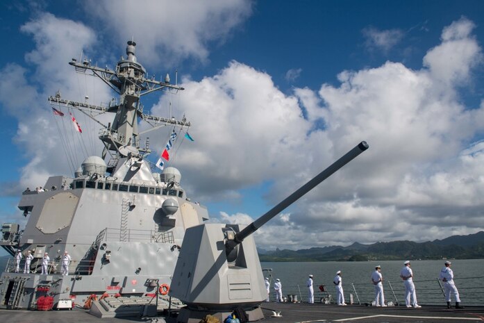 SUVA, Fiji (April 30, 2019) Sailors man the rails as the guided-missile destroyer USS Stockdale (DDG 106) arrives in Suva for a port visit. Stockdale is deployed to the U.S. 7th Fleet area of operations in support of security and stability in the Indo-Pacific region. (U.S. Navy photo by Mass Communication Specialist 2nd Class Abigayle Lutz)