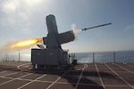 190423-N-IA905-1005 PACIFIC OCEAN (Apr. 23, 2019) Independence variant littoral combat ship USS Montgomery (LCS 8) launches a RIM-116 Rolling Airframe Missile (RAM) during a missile exercise. Montgomery is underway in the Eastern Pacific conducting routine training. (U.S. Navy photo by Mass Communication Specialist 2nd Class Morgan K. Nall/released)