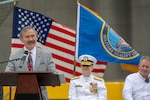 NAHA, Japan�U.S. Ambassador to South Korea Harry B. Harris Jr. speaks to a crowd during the christening ceremony of Military Sealift Command�s high-speed transport USNS Guam (T-HST 1), April 27. USNS Guam is an aluminum catamaran designed to be fast, flexible and maneuverable, even in austere port conditions, making the vessel ideal for transporting troops and equipment quickly. (Navy photo by Grady T. Fontana/Released)