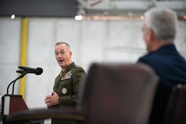 Marine Corps Gen. Joe Dunford, chairman of the Joint Chiefs of Staff, speaks about the career and qualities of Air Force Gen. Paul J. Selva, vice chairman of the Joint Chiefs of Staff, as Gen. Selva retires in a ceremony at Hanger 3, Joint Base Andrews, Md., July 31, 2019. Gen. Selva retires after over 39 years of service.