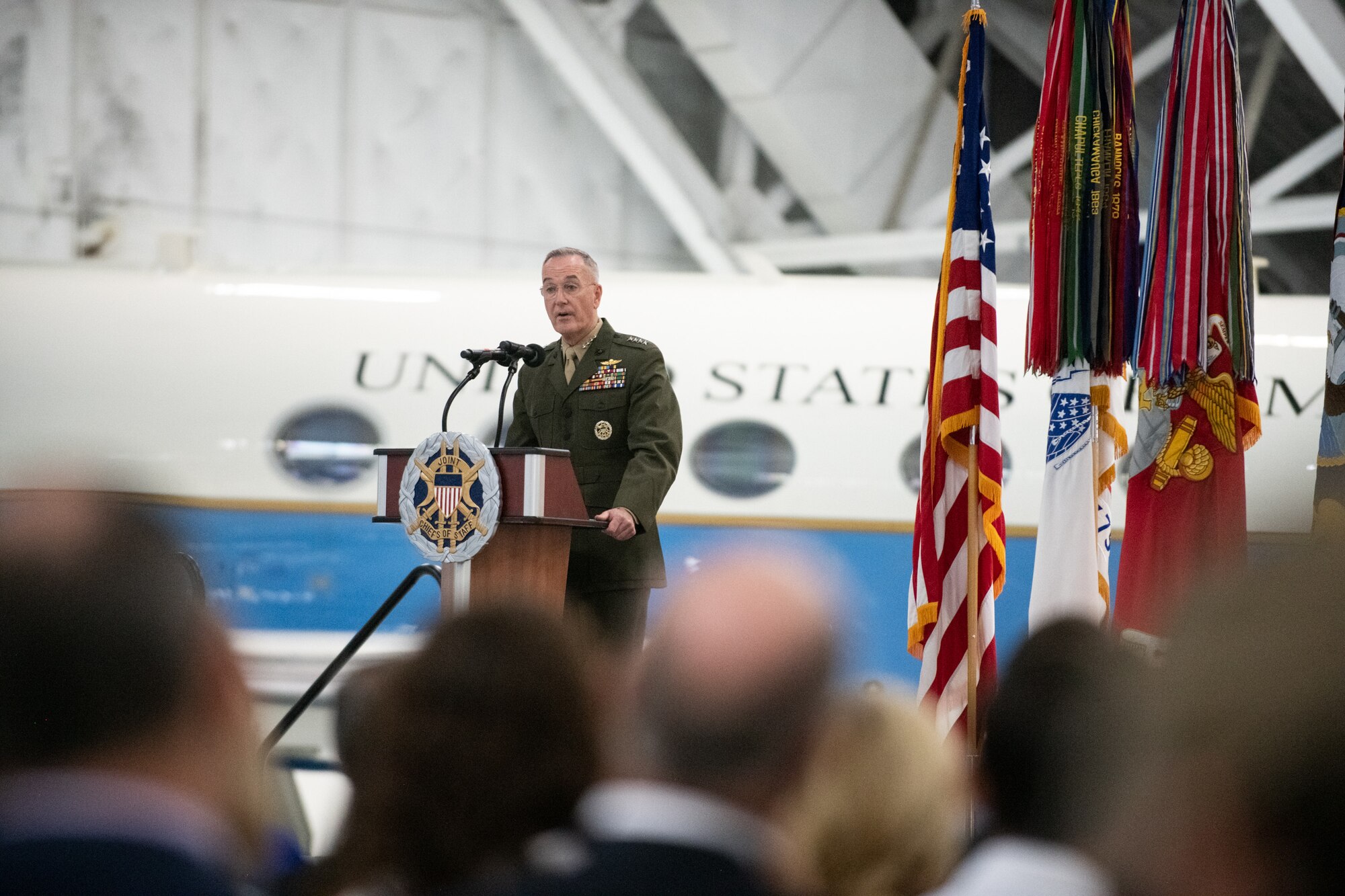 Marine Corps Gen. Joe Dunford, chairman of the Joint Chiefs of Staff, speaks about the career and qualities of Air Force Gen. Paul J. Selva, vice chairman of the Joint Chiefs of Staff, as Gen. Selva retires in a ceremony at Hanger 3, Joint Base Andrews, Md., July 31, 2019. Gen. Selva retires after over 39 years of service.