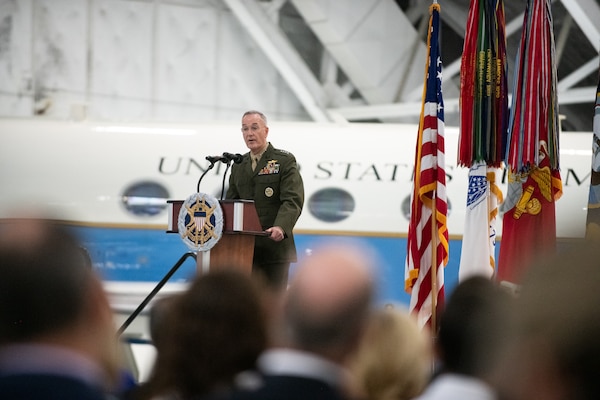 Marine Corps Gen. Joe Dunford, chairman of the Joint Chiefs of Staff, speaks about the career and qualities of Air Force Gen. Paul J. Selva, vice chairman of the Joint Chiefs of Staff, as Gen. Selva retires in a ceremony at Hanger 3, Joint Base Andrews, Md., July 31, 2019. Gen. Selva retires after over 39 years of service.
