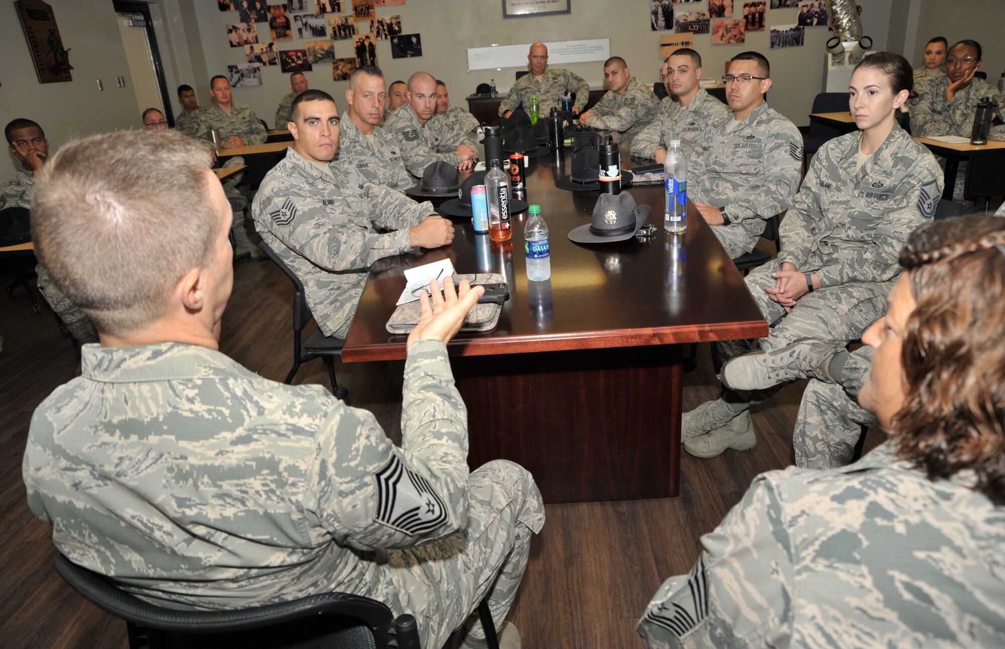 Reserve military training instructors assigned to the 433rd Training Squadron meet with 340th Flying Training Group Superintendent Chief Master Sgt. Scott Goetze and 433rd TRS Superintendent Chief Master Sgt. Tamara Strange during the enlisted call portion of the squadron’s July 23-25 unit training assembly and enlisted summit held at Joint Base San Antonio-Lackland, Texas. (U.S. Air Force photo by Debbie Gildea)